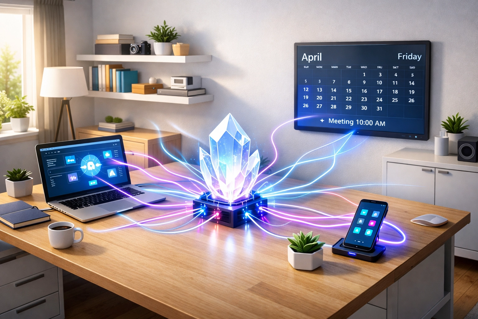 Digital hub connecting a laptop, calendar, and phone through automated AI business workflows.