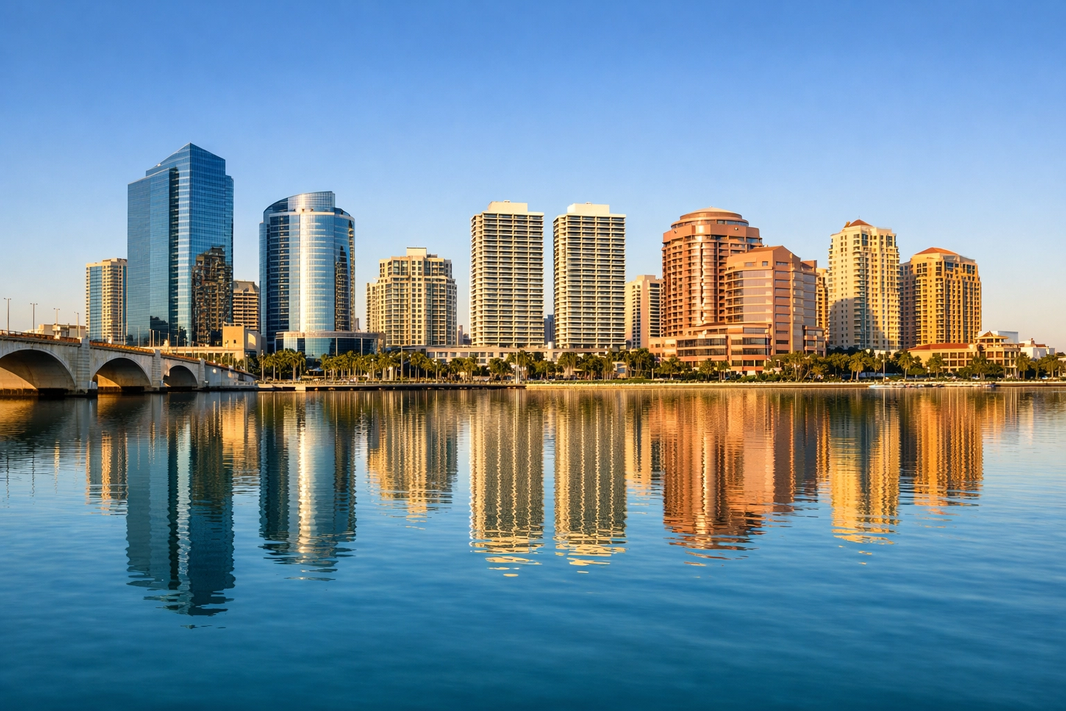 Modern West Palm Beach skyline and luxury condos overlooking the Intracoastal Waterway for Florida relocation.