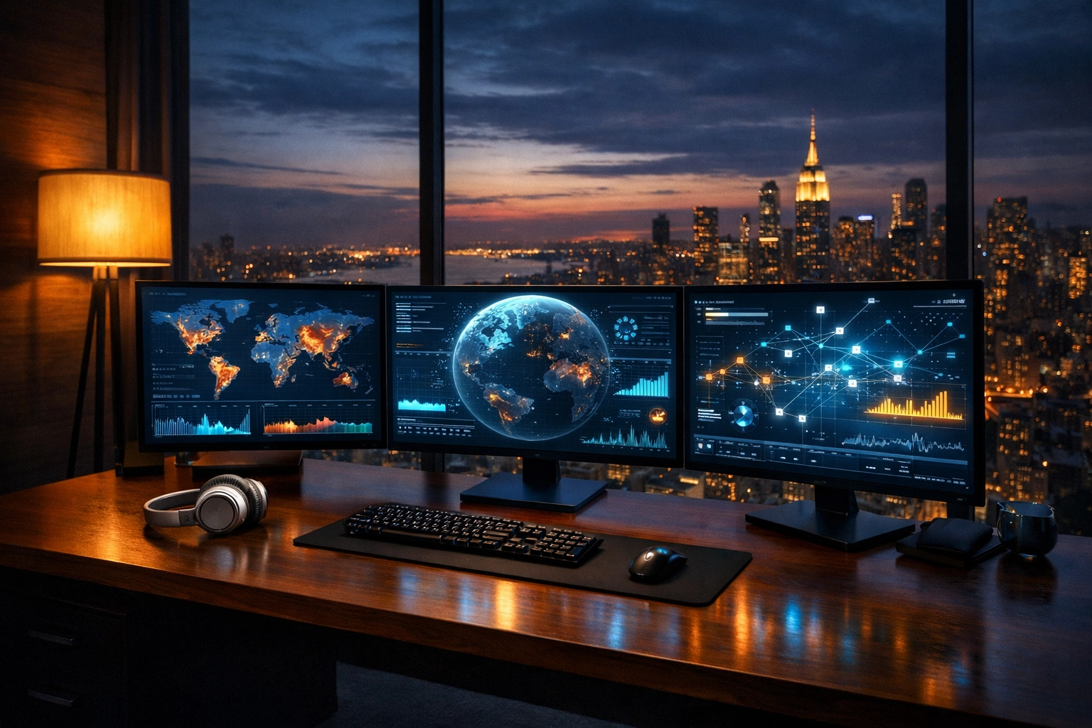 Music business consultant virtual war room featuring data visualization monitors and a professional workspace.