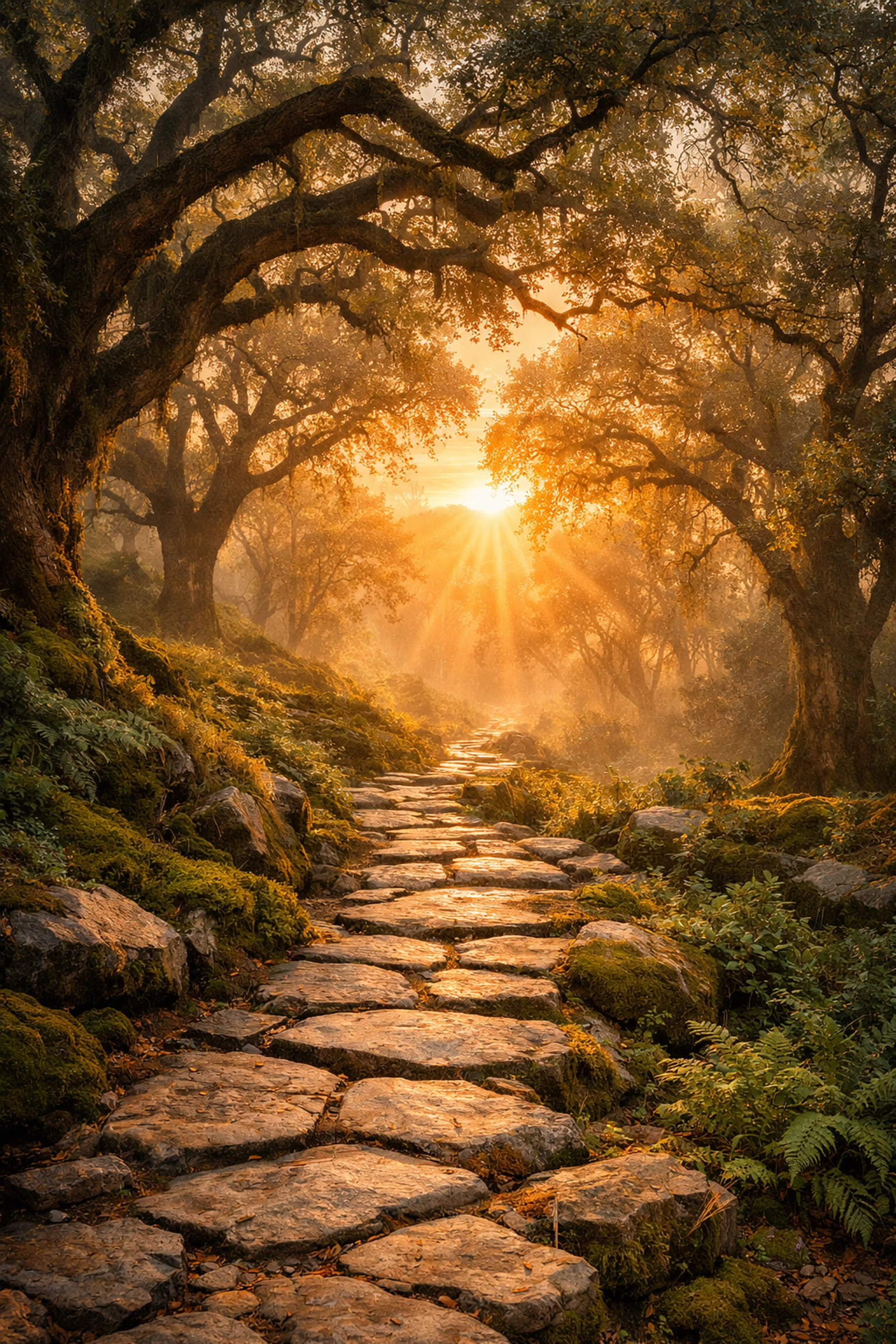 Stone path through a misty forest at sunrise, symbolizing spiritual progression and mental health healing.