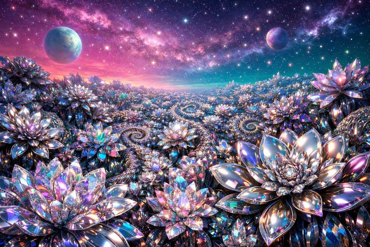 An infinite fractal garden representing the psychedelic nature of wealth expansion and visionary abundance.