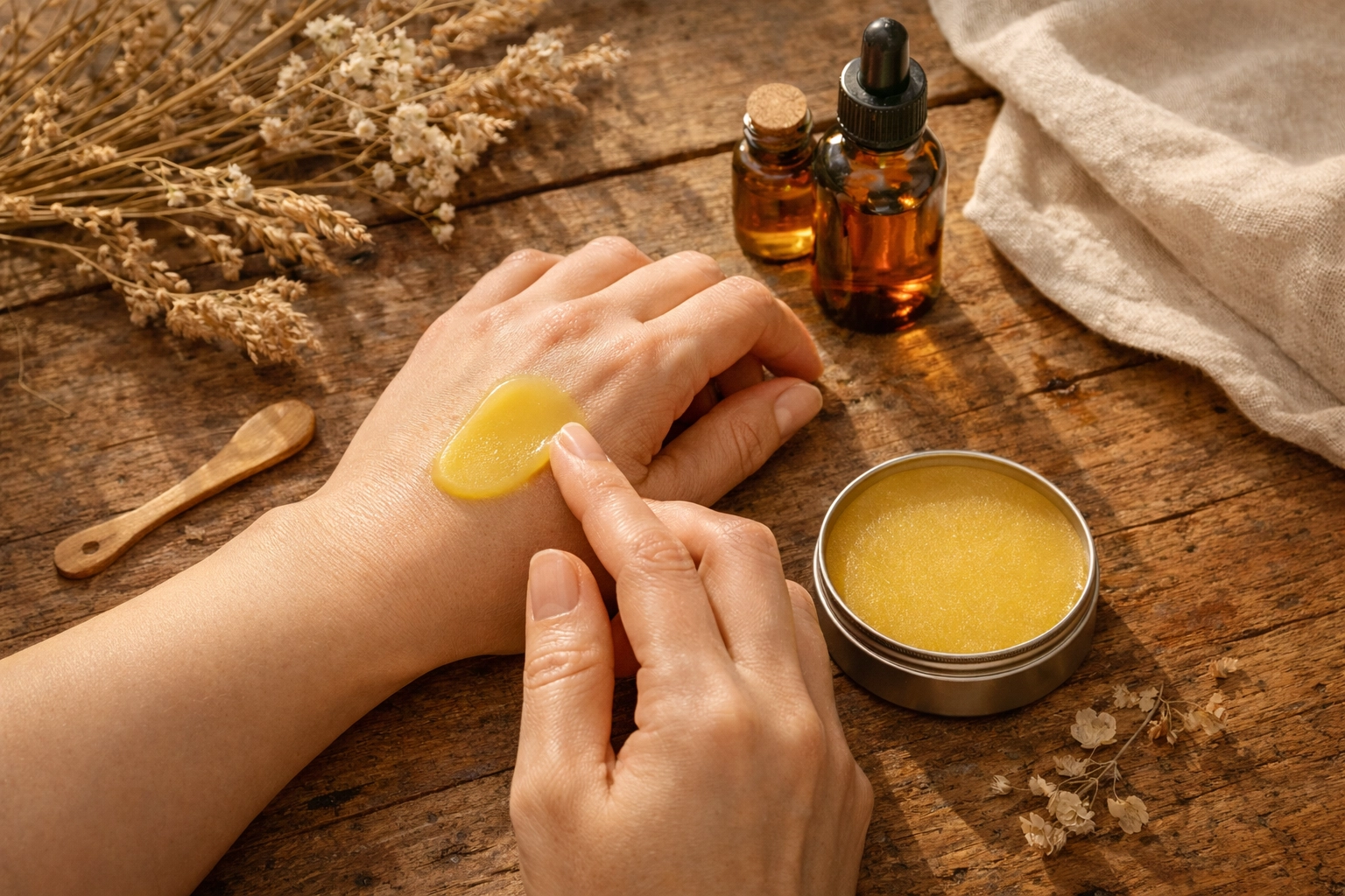 Applying golden tallow balm to skin with natural botanicals and essential oils nearby