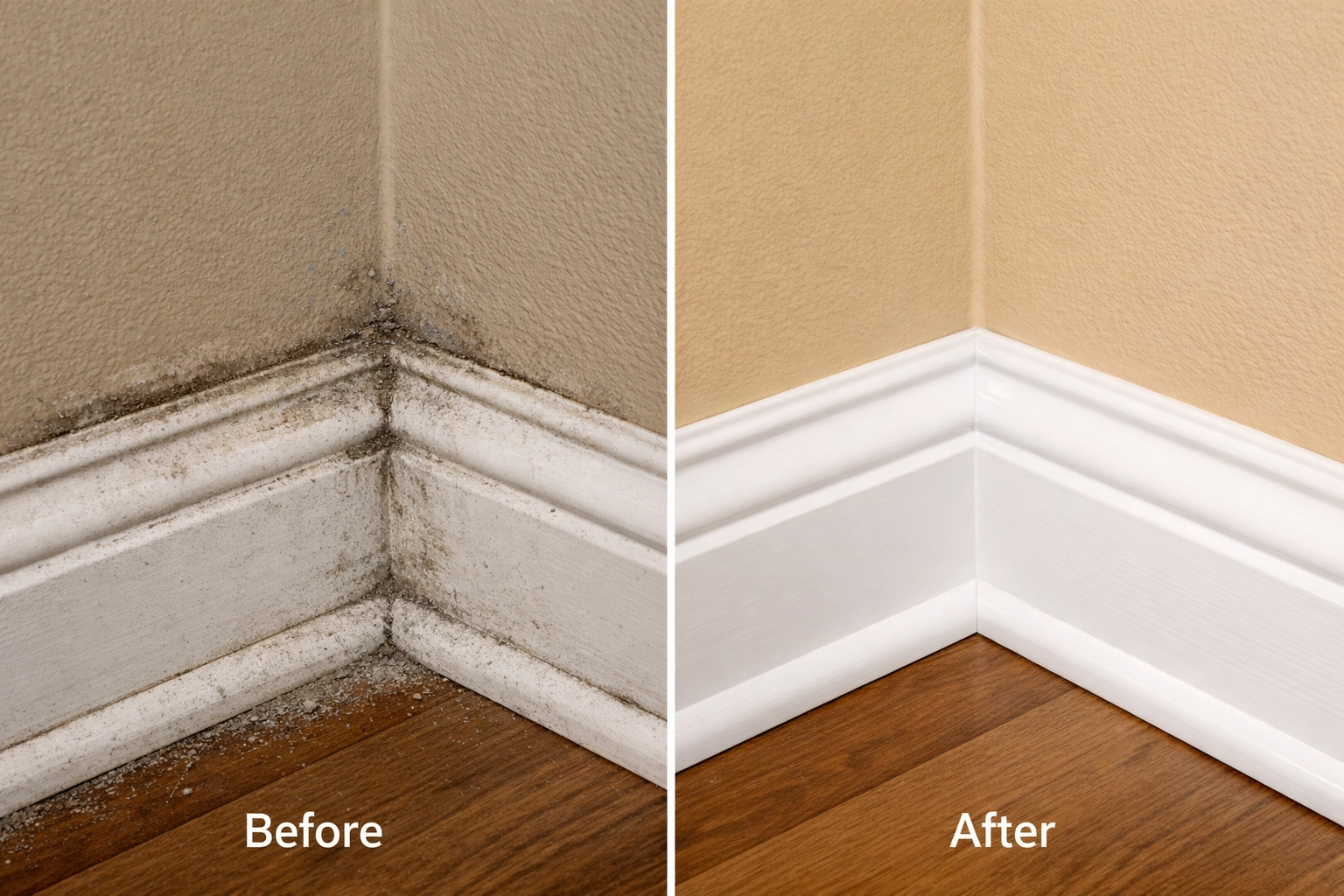 Before and after comparison of deep cleaning service showing transformed baseboards in Greenville