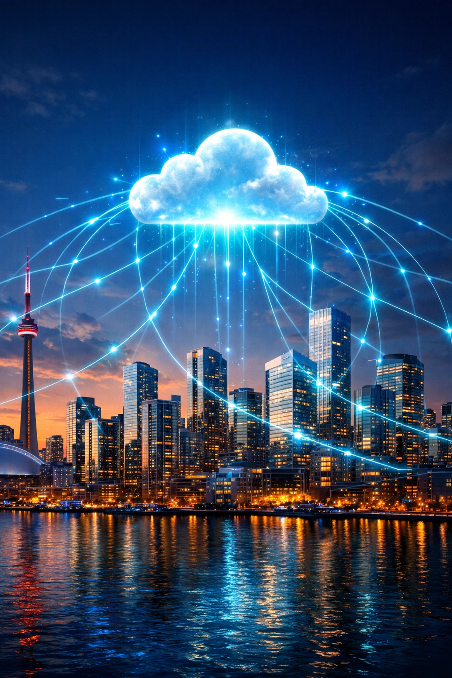 Digital network map over a Canadian city representing reliable cloud PBX and business VoIP services.