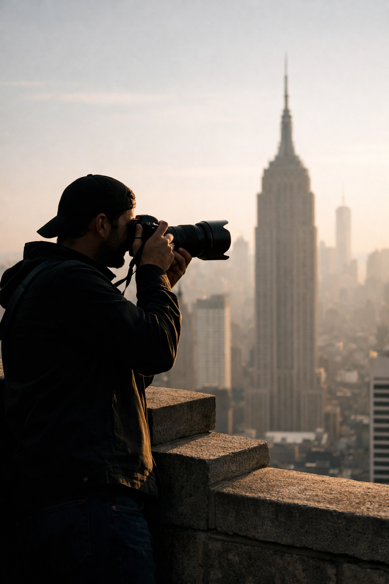 Photographer on a New York City rooftop capturing the Manhattan skyline and Empire State Building.