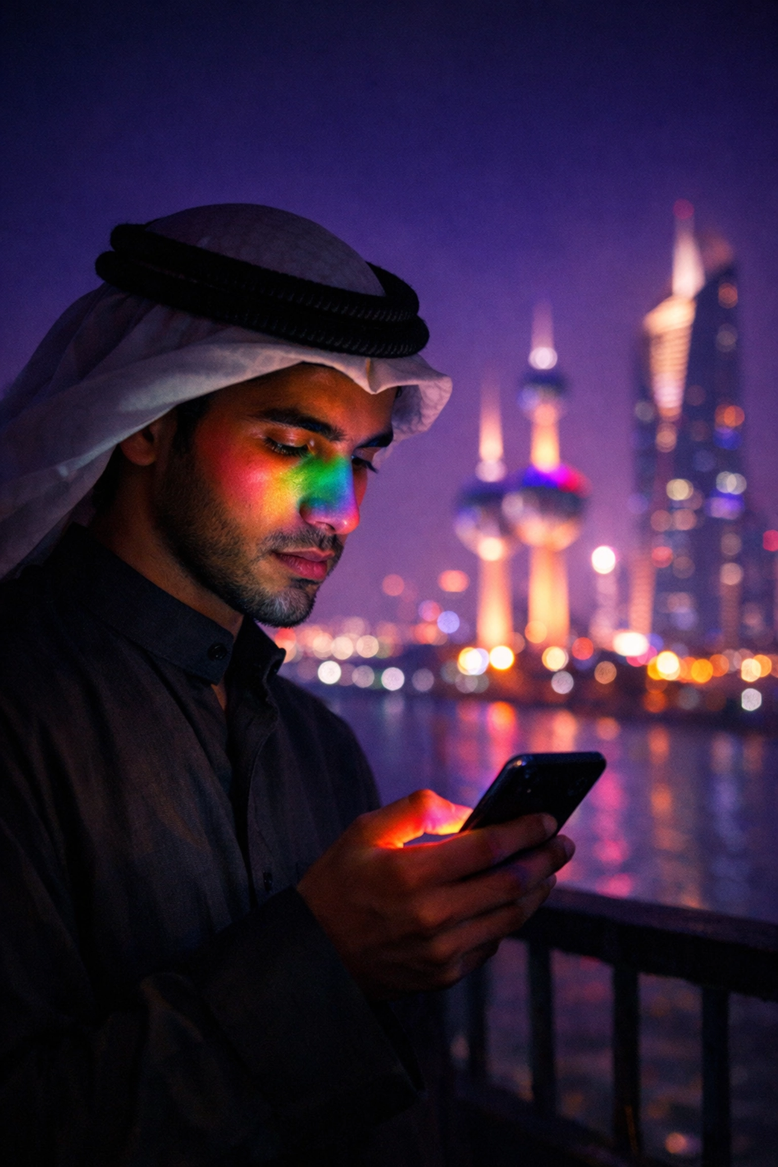 A man reading LGBTQ+ eBooks in Kuwait City at night, his phone reflecting rainbow light on his face.
