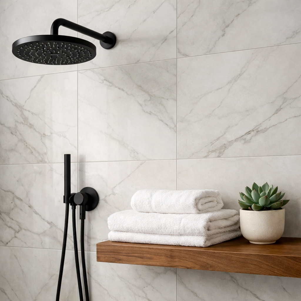 Expert tile installation in a luxury Orlando bathroom with marble porcelain and modern black fixtures.