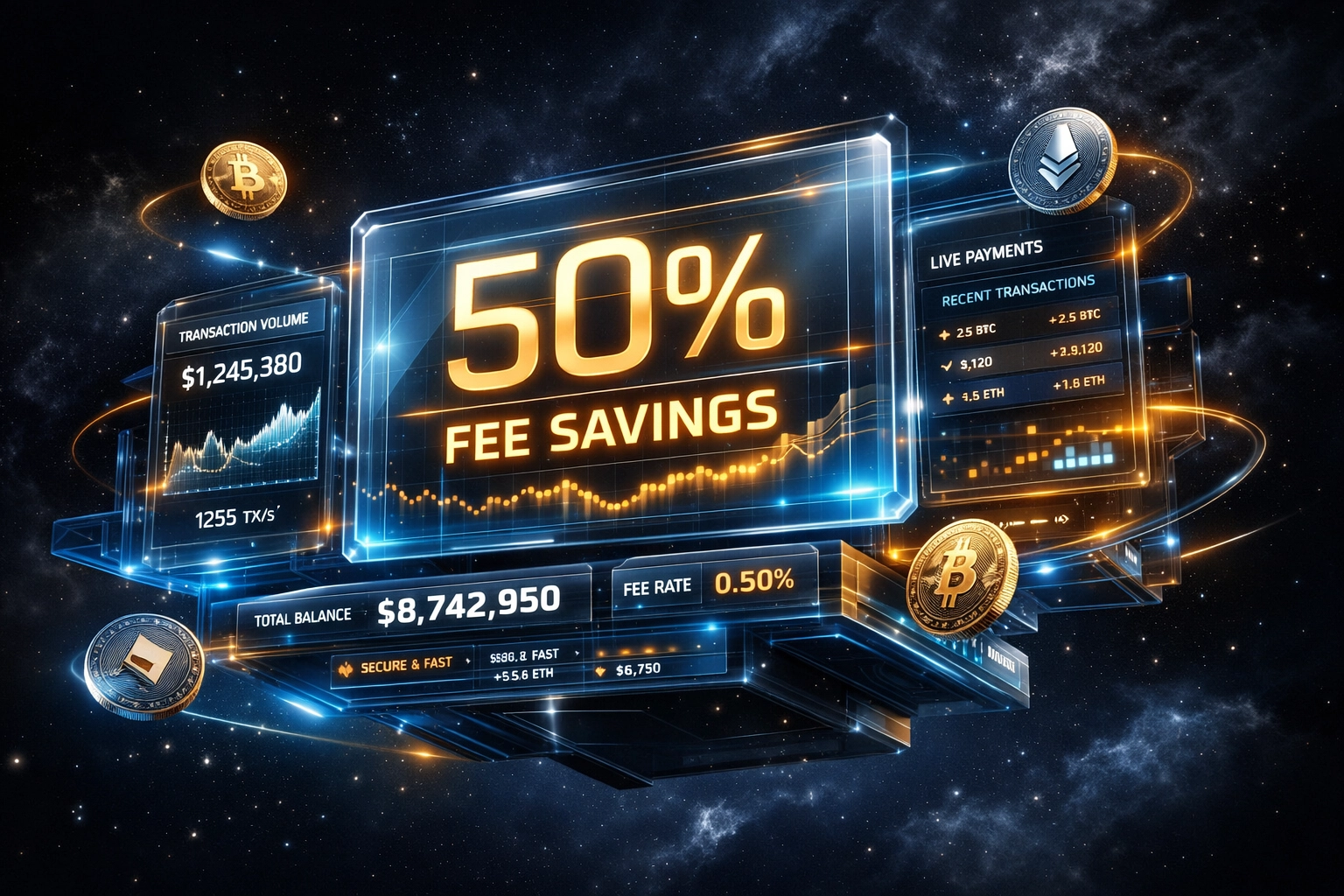 Larecoin merchant payment dashboard showing 50% fee savings compared to traditional crypto processors