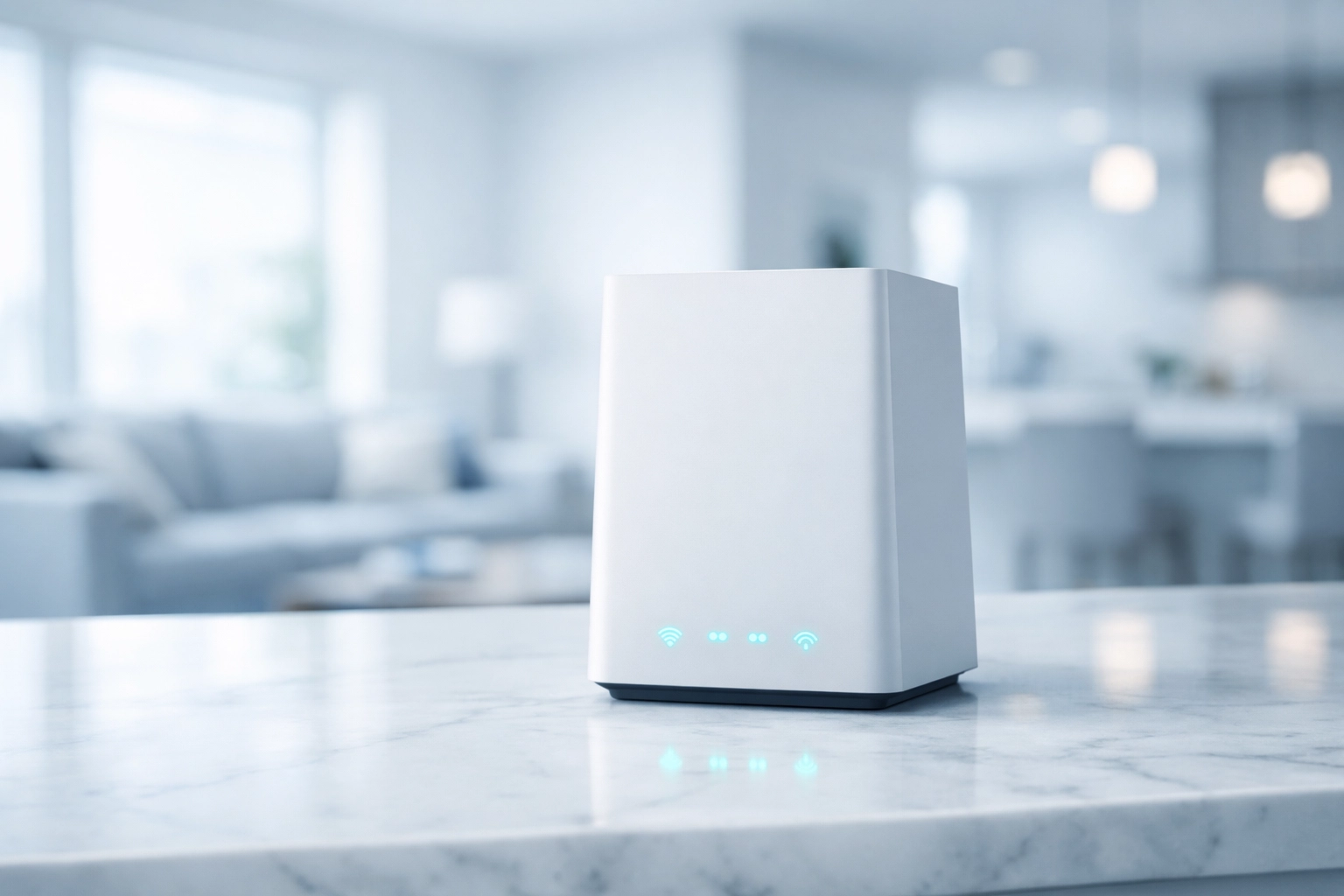 Sleek modern Wi-Fi 7 router on a marble countertop in a bright, contemporary Cape Town home.