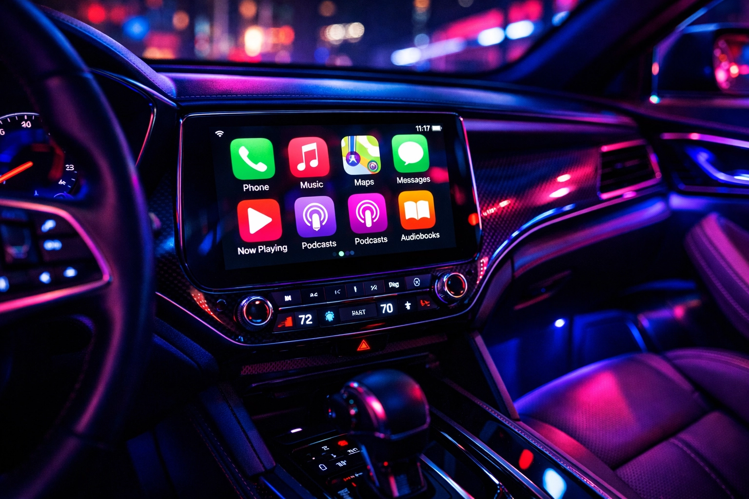 Modern car audio system with touchscreen display showing professional installation in Chattanooga