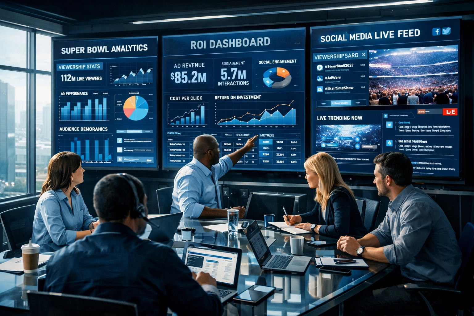 Veteran-led sports media team analyzing Super Bowl ROI data in modern command center