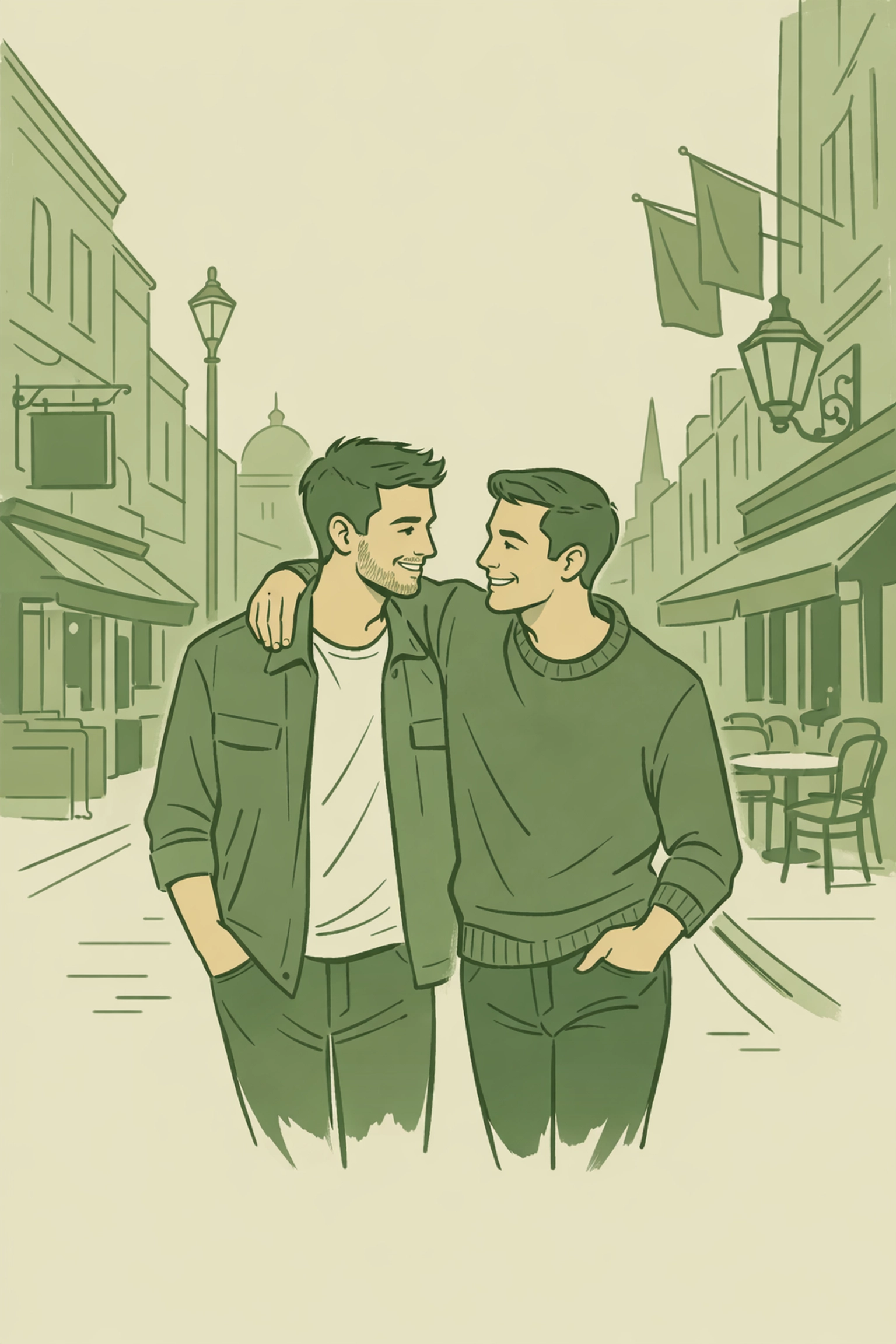 Modern gay couple embracing while walking down Old Compton Street in London’s historic Soho district.