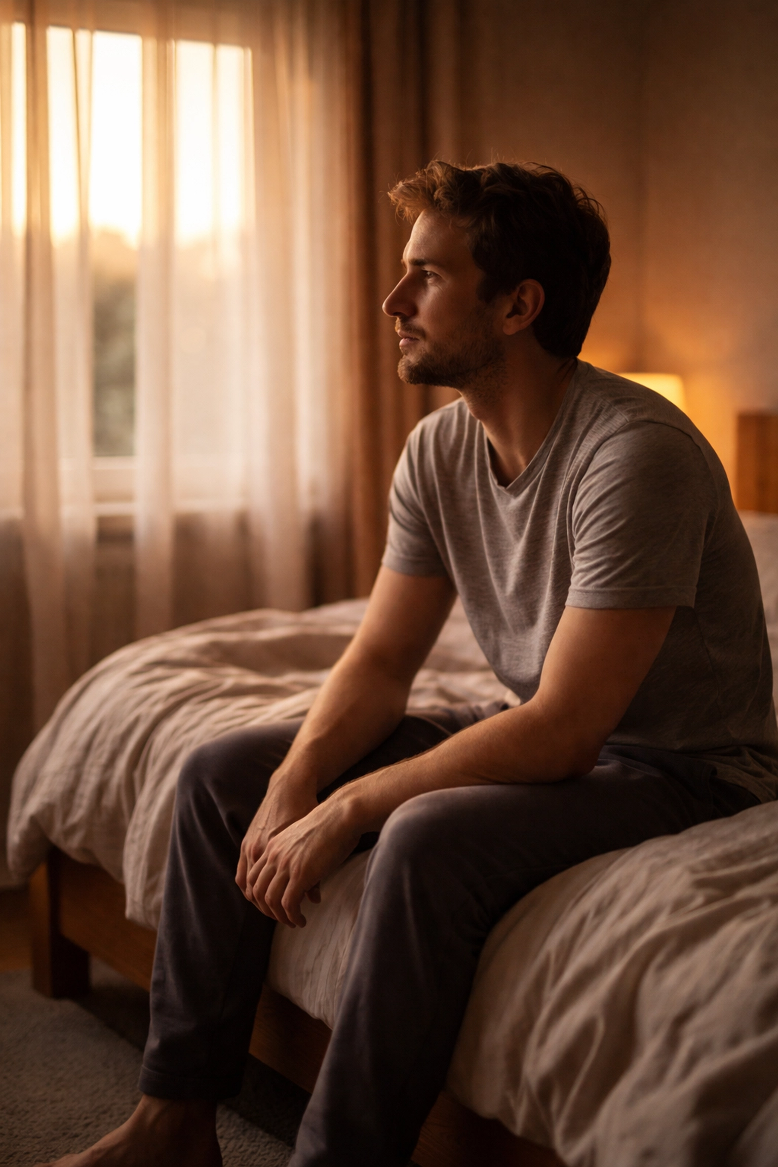 Fiatal férfi gondolkodó arckifejezéssel ül reggel egy ágy szélén, merevedési zavar jeleit tapasztalva.