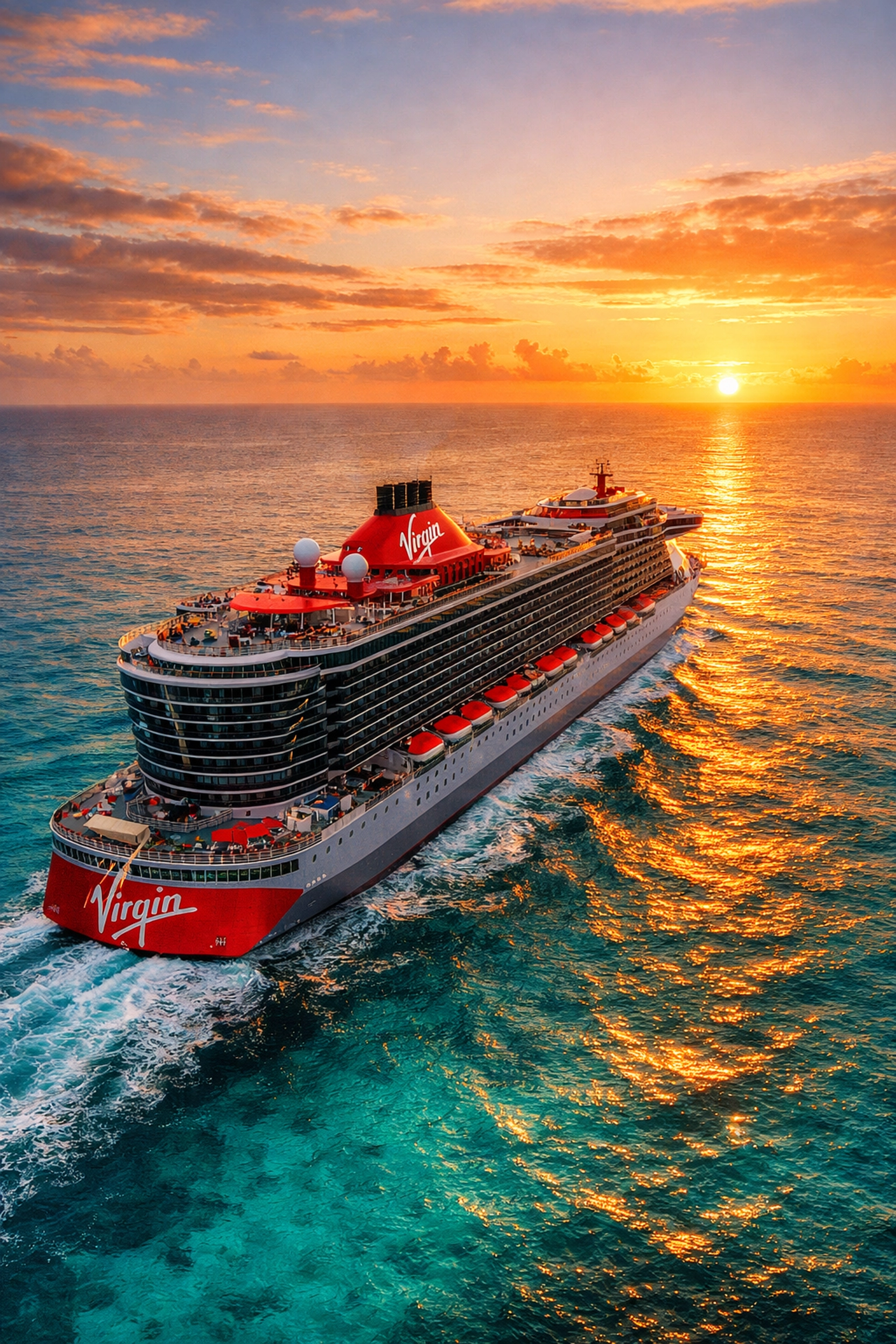 Virgin Voyages cruise ship sailing through turquoise Caribbean waters at sunset