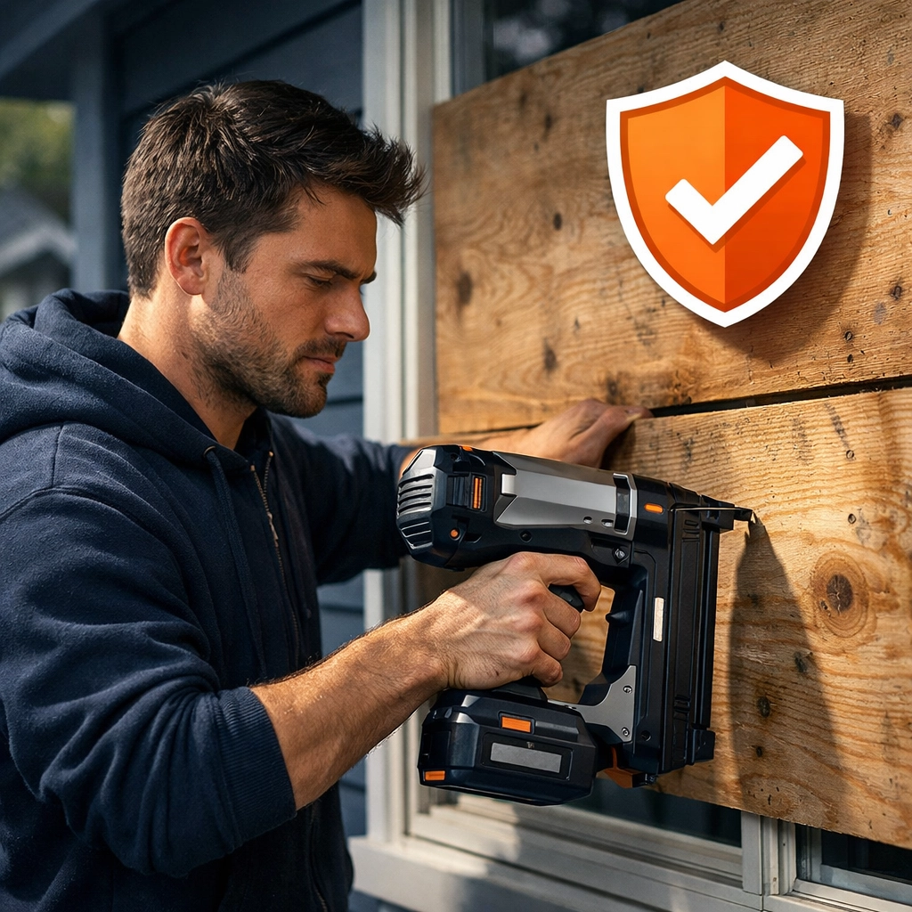 Man using a rented cordless nail gun to board up home windows for survival.