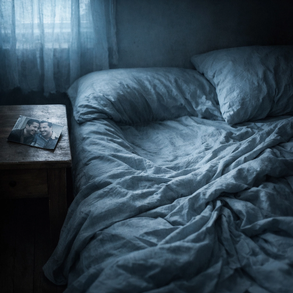 An unmade bed in a cold room symbolizing grief and the empty space left by a lost partner in a gay romance.