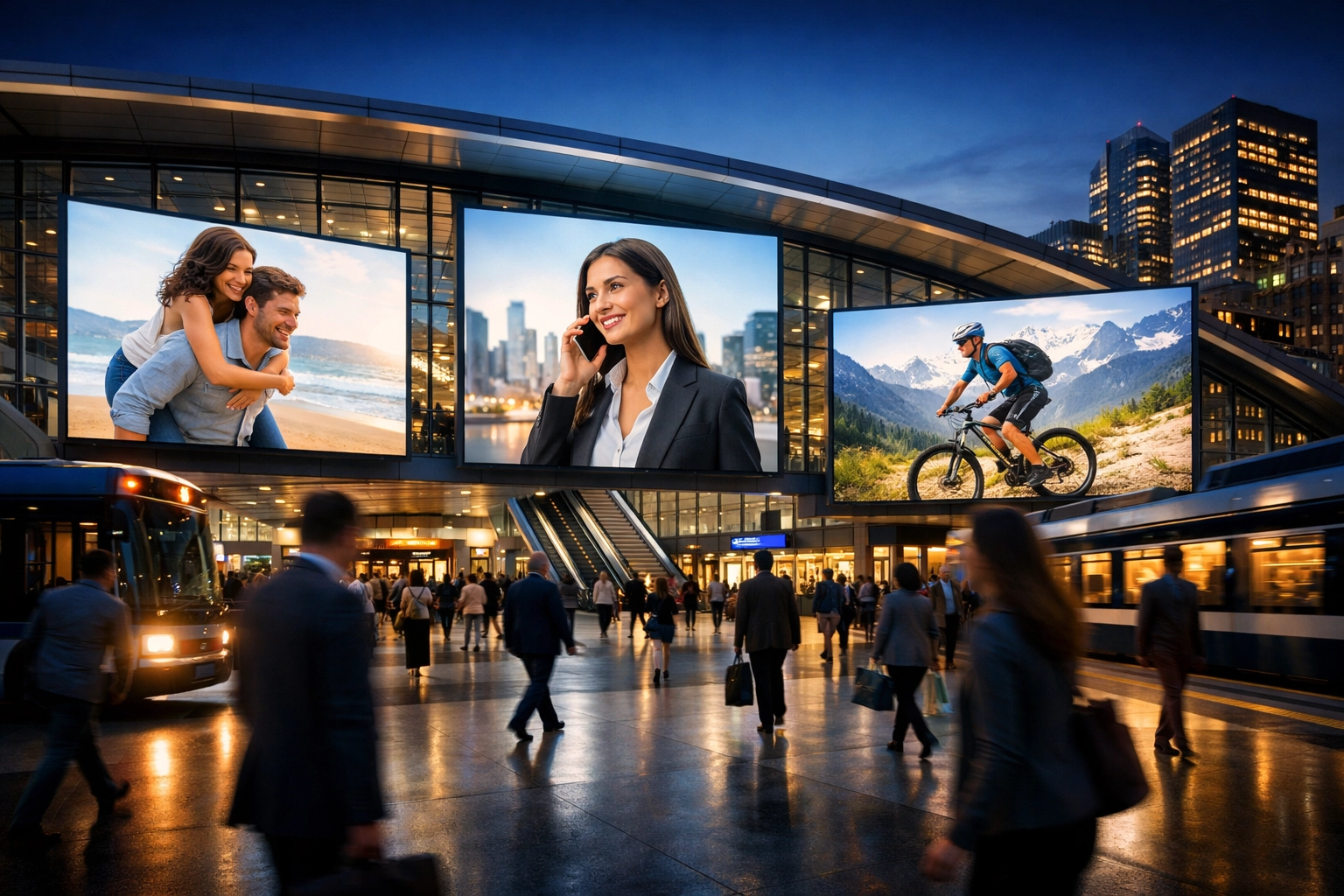 Large digital media displays in a busy transit hub showing integrated advertising solutions by Dakdan Worldwide.