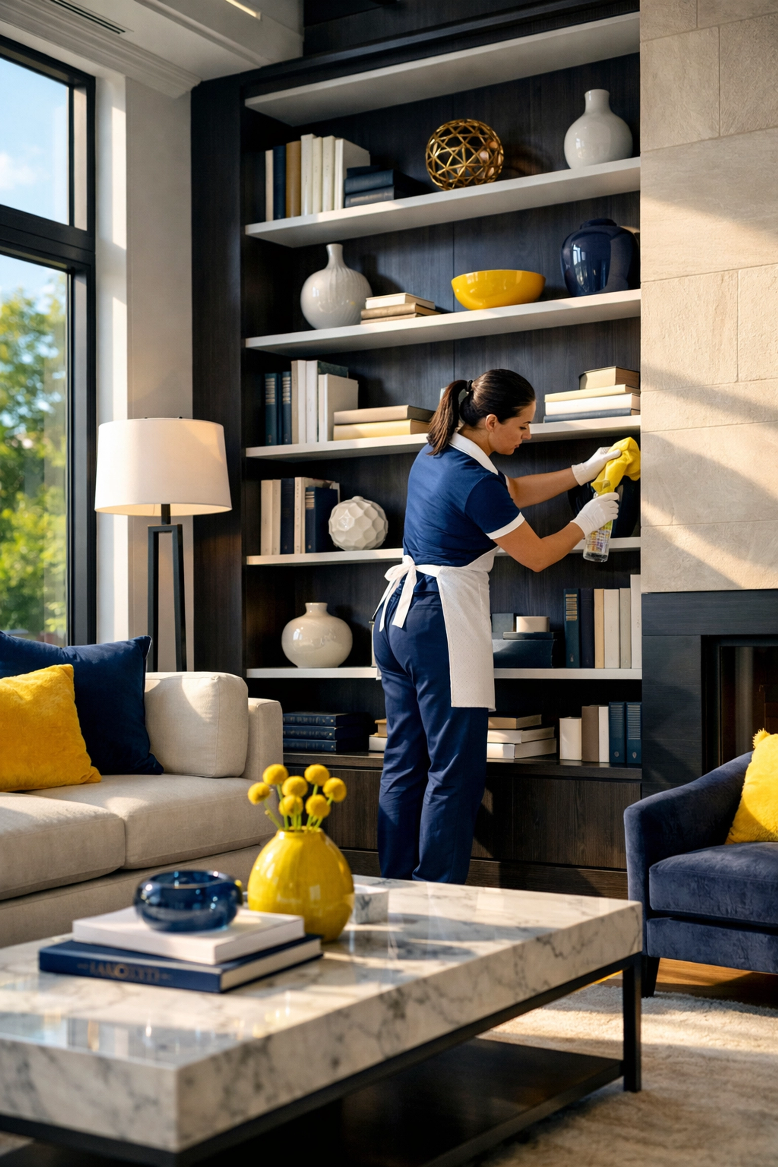 Professional house cleaning in Marlborough technician detailing a modern living room bookshelf.