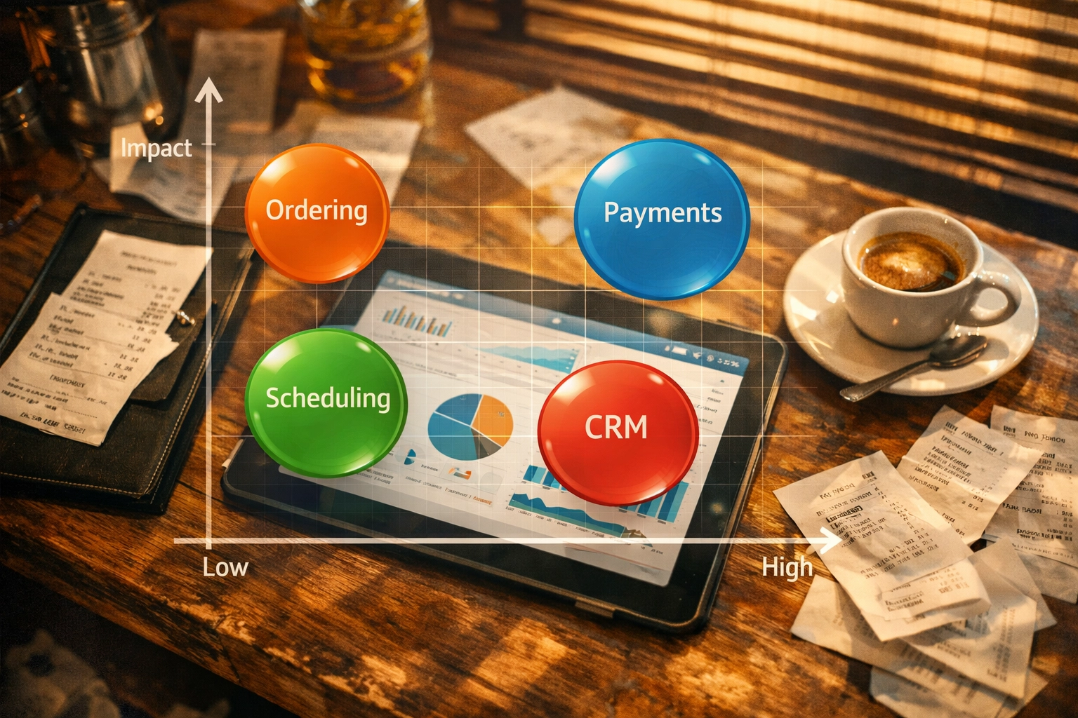 Restaurant analytics dashboard on a tablet showing cost vs impact of ordering, payments, and scheduling systems.