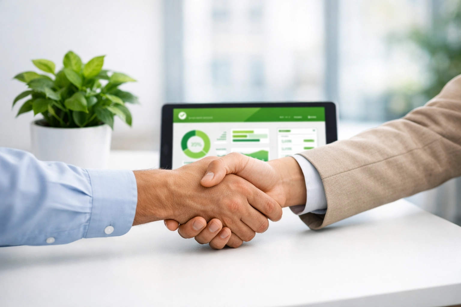 Professional handshake over a digital tablet showing trust in a single tech support provider.