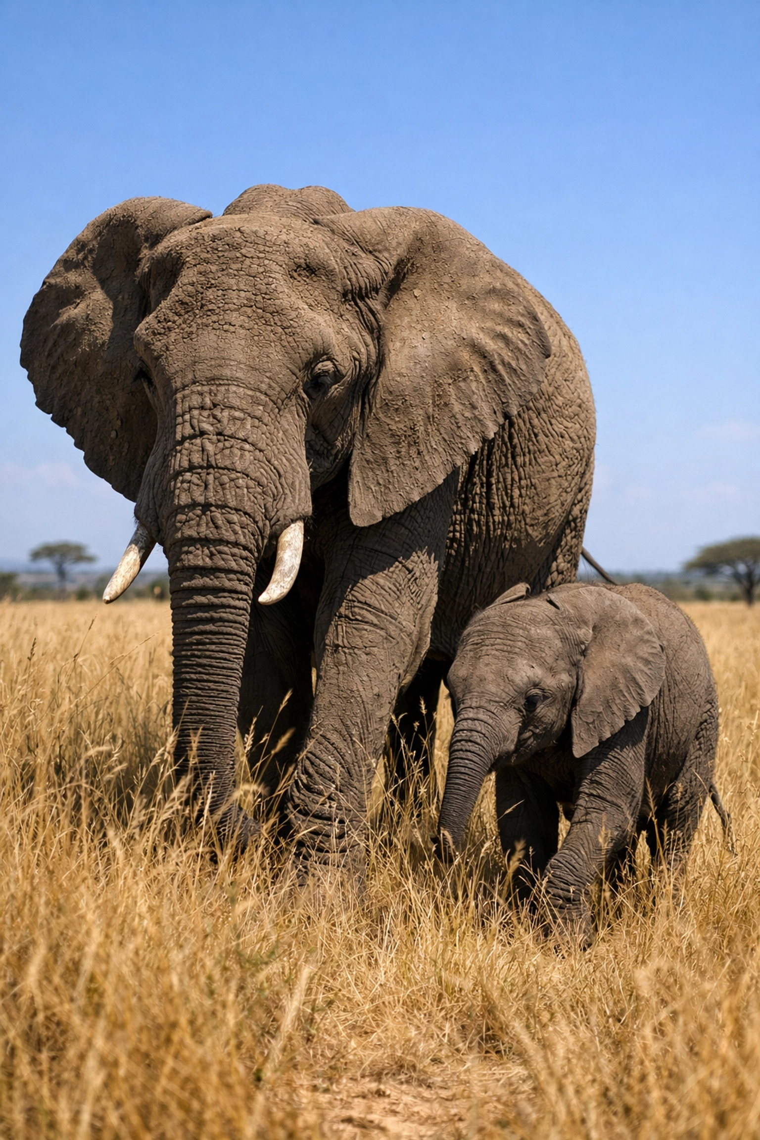 Mother elephant and calf in the savanna illustrating powerful wildlife conservation storytelling for brands.