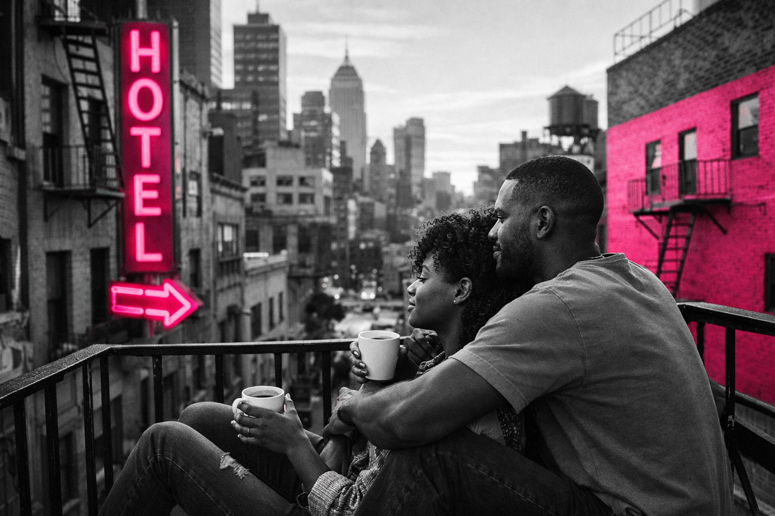 Married couple relaxing together on city balcony overlooking urban skyline