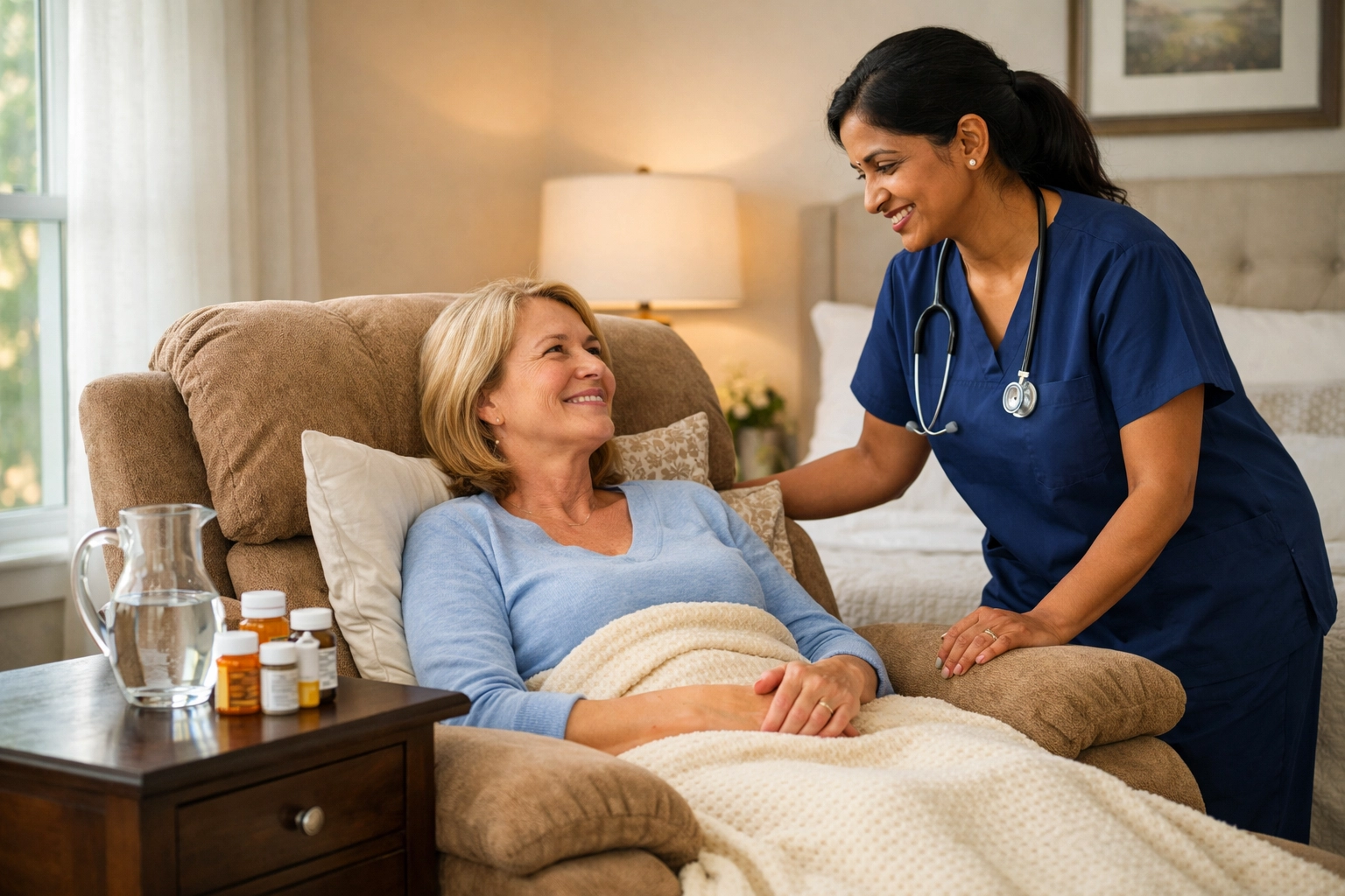 Post-operative recovery nurse assisting a woman in a home lift chair after surgery.
