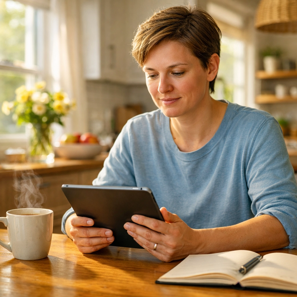 A parent checking eligibility for emergency financial assistance New Jersey on a tablet.