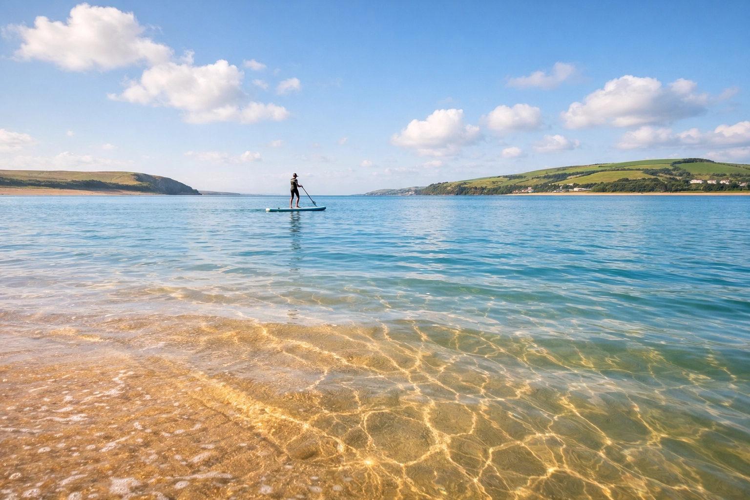 Paddle boarding on the Camel Estuary near Padstow with rolling hills and calm blue waters