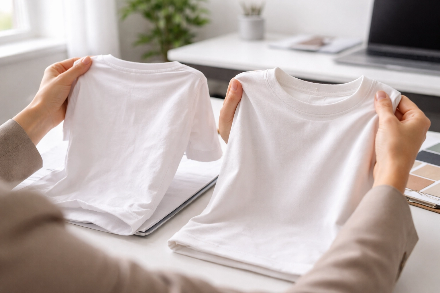 A business owner compares two t-shirts for quality, choosing a reliable t-shirt printing company before ordering.