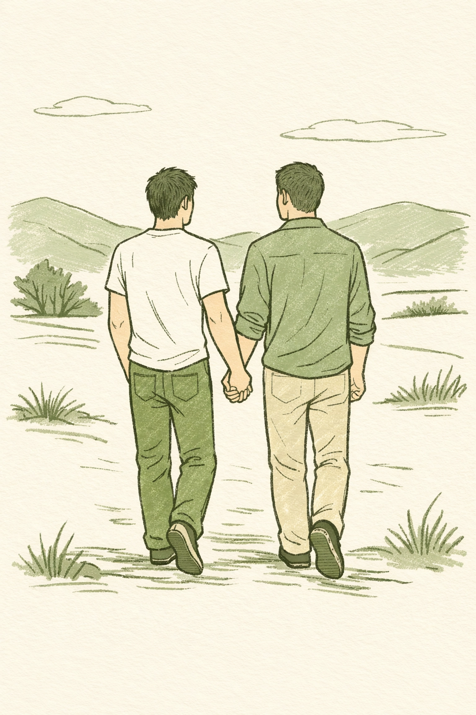 Hand-drawn illustration of a gay couple holding hands while walking toward a new future together.