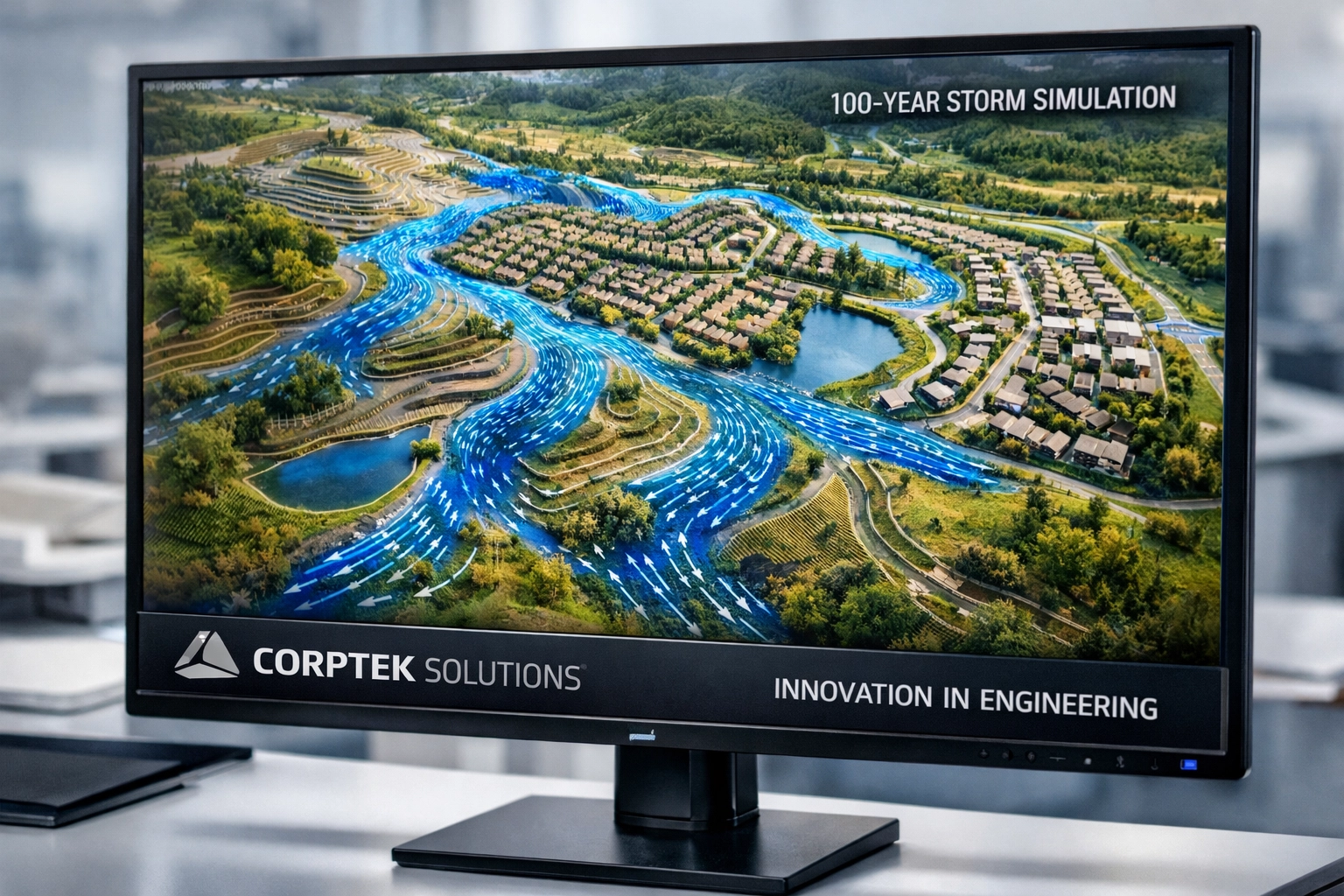 Advanced stormwater management modeling showing a digital twin simulation for 100-year storm event analysis.