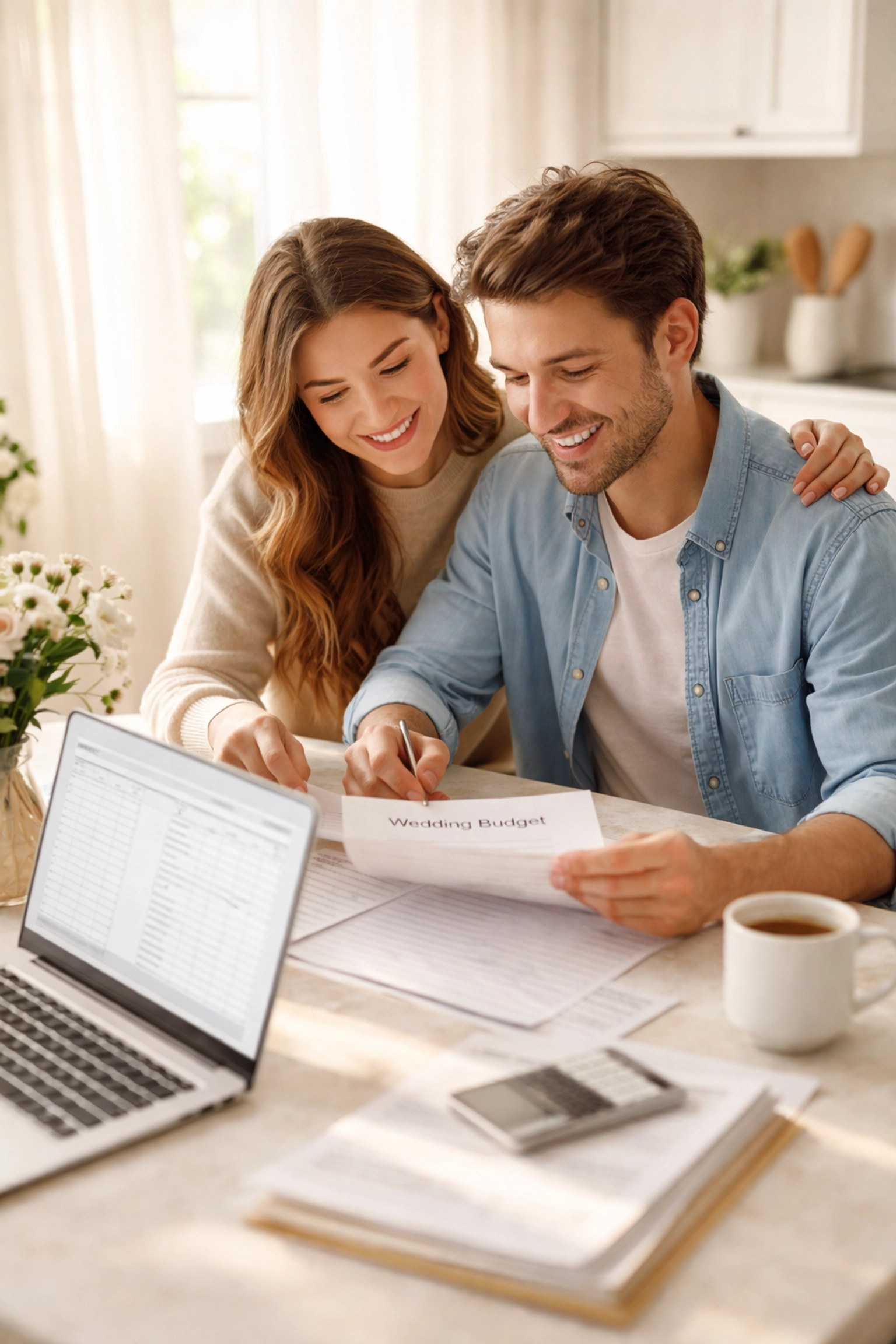 Engaged couple planning their wedding budget together at a sunlit kitchen table, focusing on debt-free strategies.
