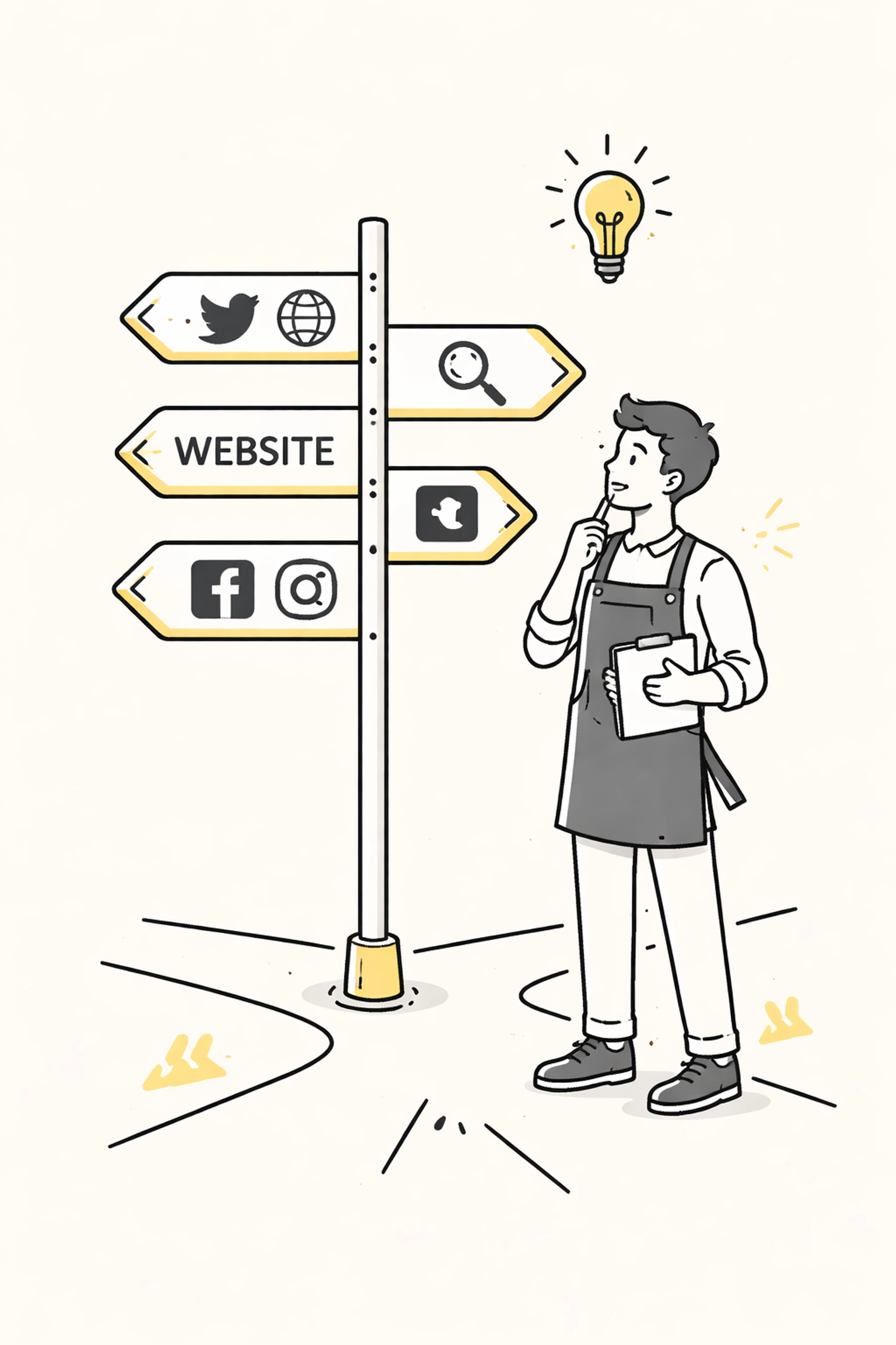 Small business owner choosing advertising strategies at a crossroads with digital marketing icons