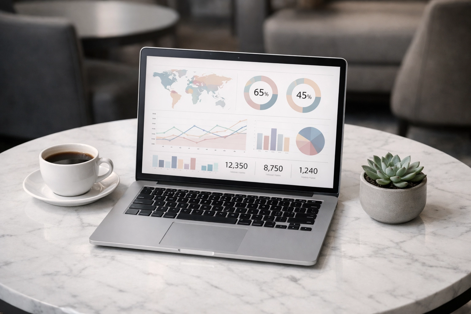 Hotel PMS dashboard and CRM reporting on a laptop, replacing spreadsheets with real-time insights