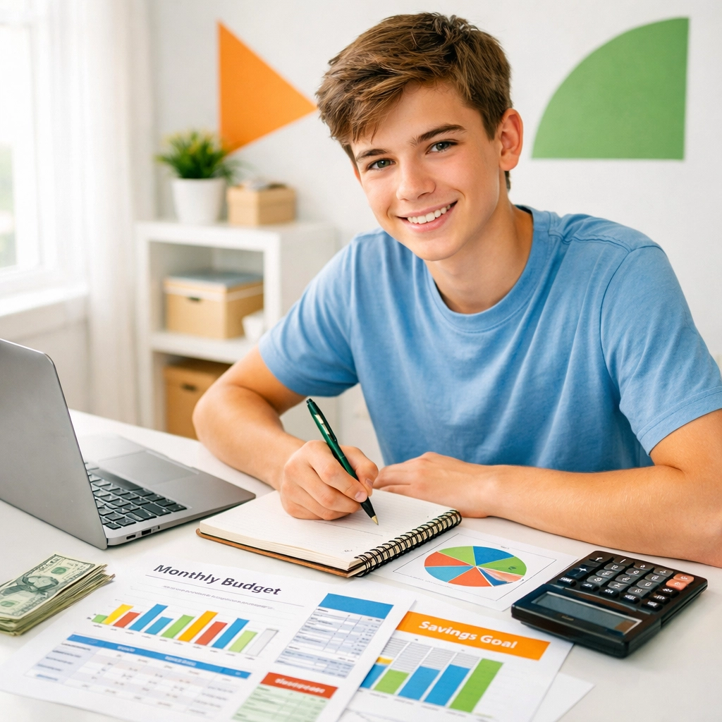 Teen boy learning financial literacy and budgeting skills with laptop and calculator