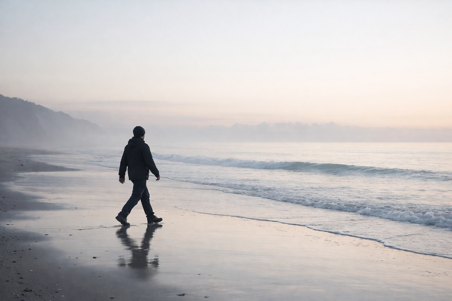 Person walking on a beach at sunrise symbolizing natural buffers and the transition to a performance mindset.
