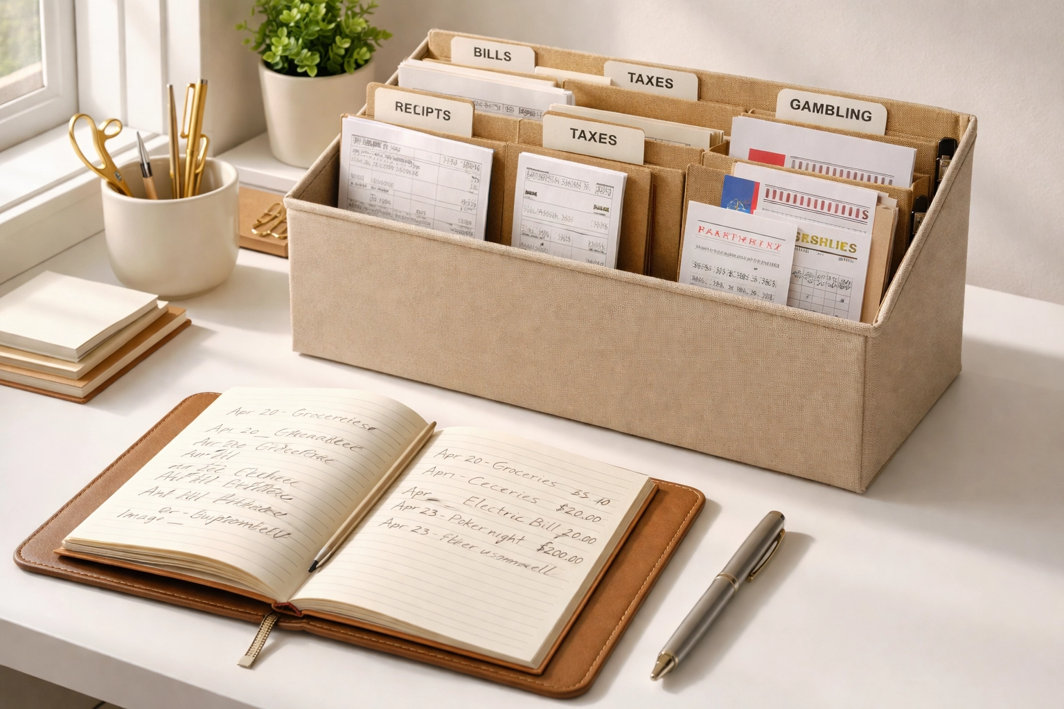 Organized desk with folders, gambling tickets, and a notebook, representing meticulous record-keeping for IRS audits