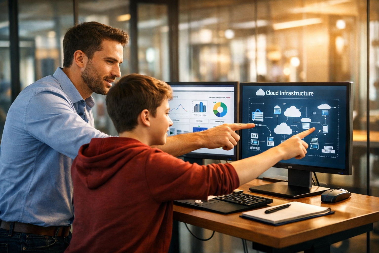 Professional mentor teaching student data analytics and cloud computing concepts