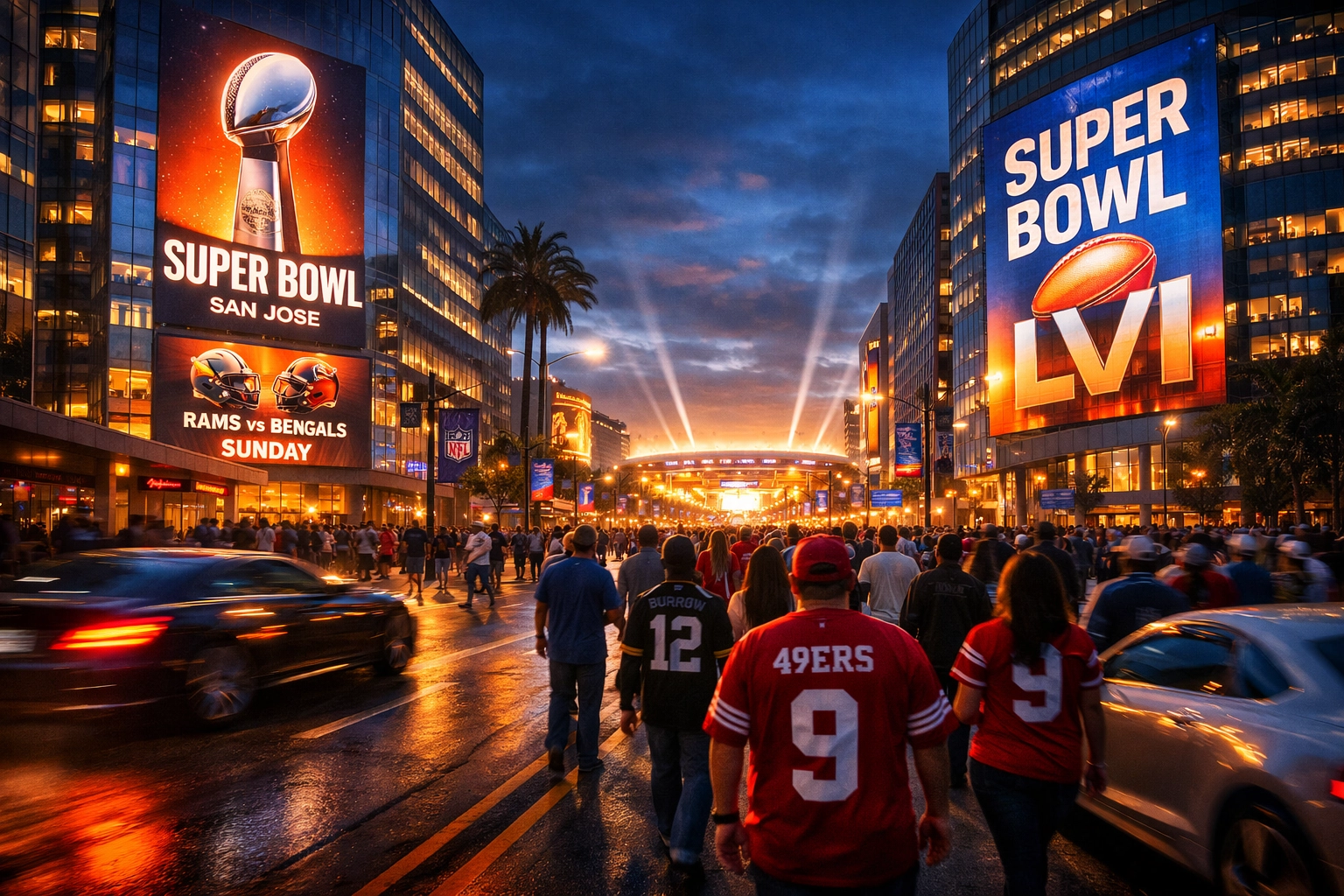 Crowds of fans in San Jose passing vibrant digital billboards for Super Bowl 2026 outdoor advertising.