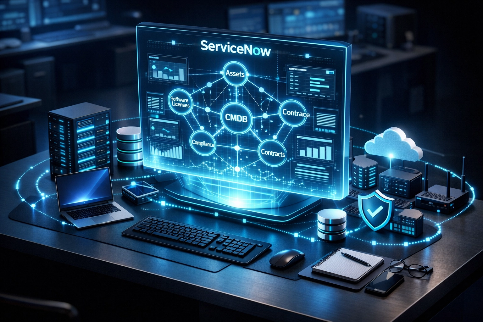 ServiceNow ITAM dashboard showing connected assets and CMDB configuration items