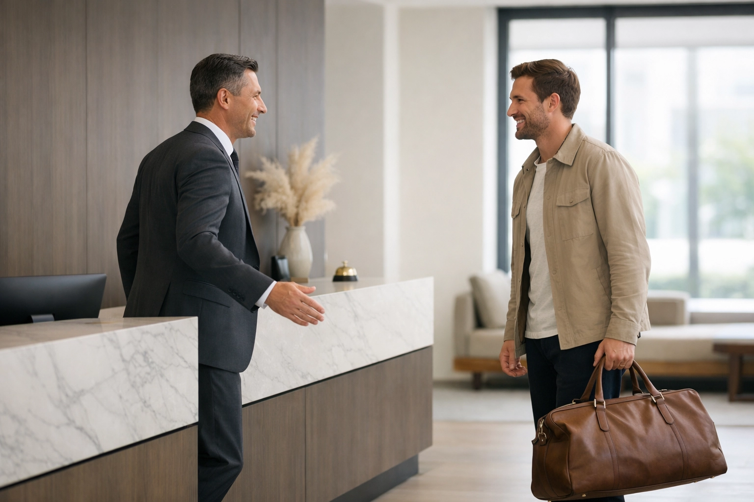 Professional concierge warmly greeting a guest in a modern hotel lobby, prioritizing personal recognition.