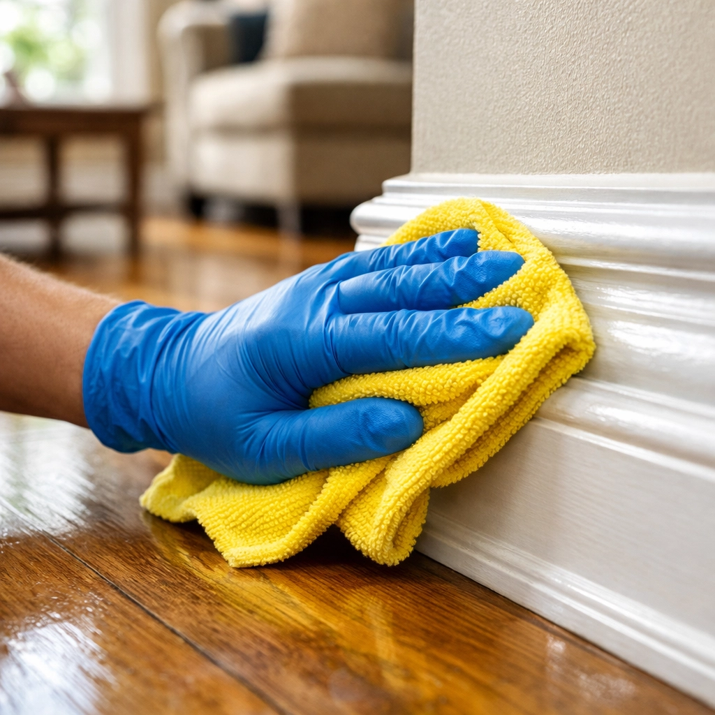 Professional cleaner wiping down baseboards to ensure a perfect move-out apartment cleaning in Boston.