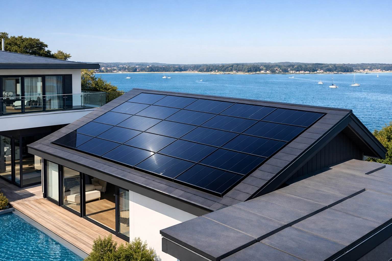 Modern solar panels installed on a coastal Poole home overlooking the harbour for peak energy performance.