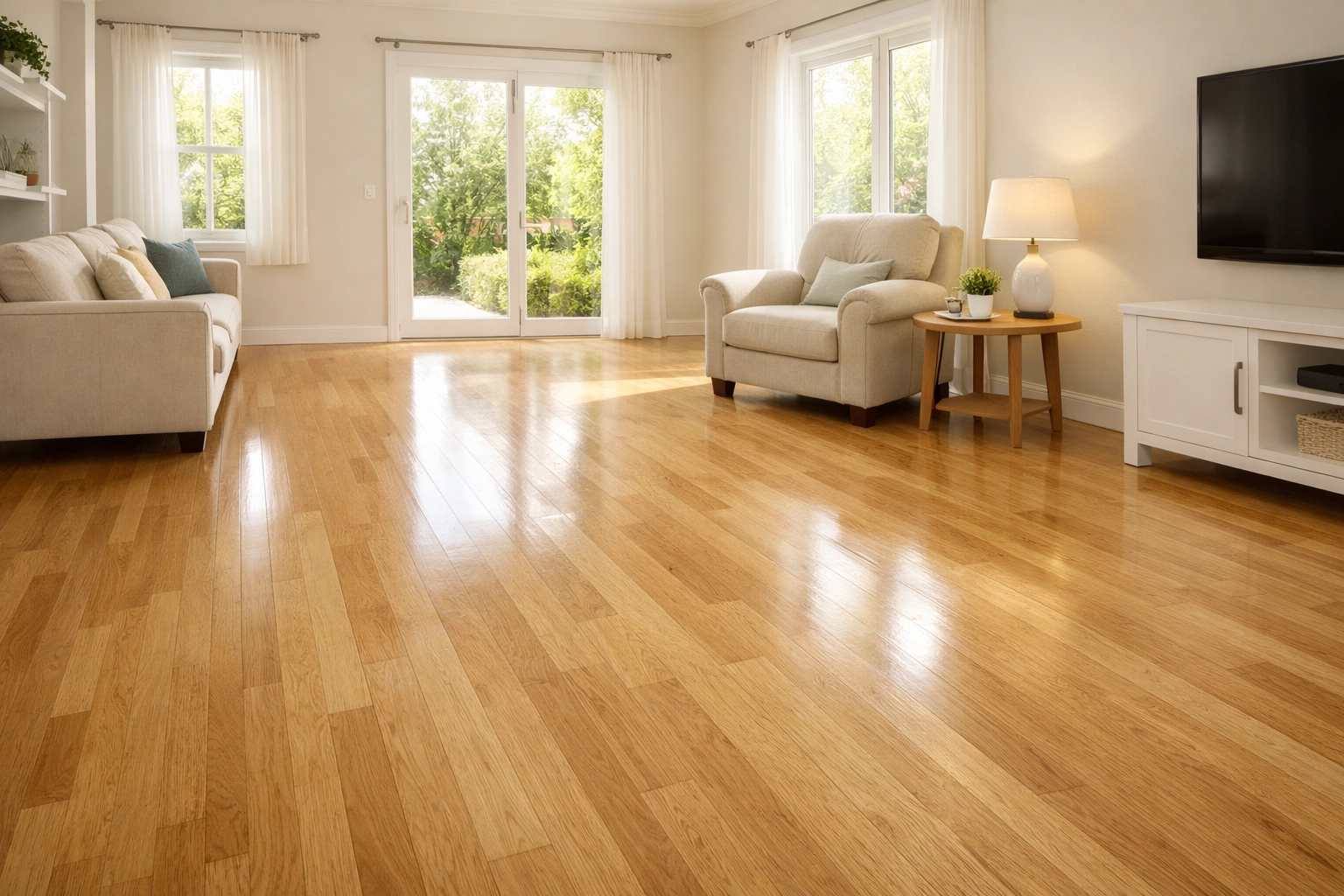 Decluttered living room with bare hardwood floors and clear paths to prevent falls in dementia patients.
