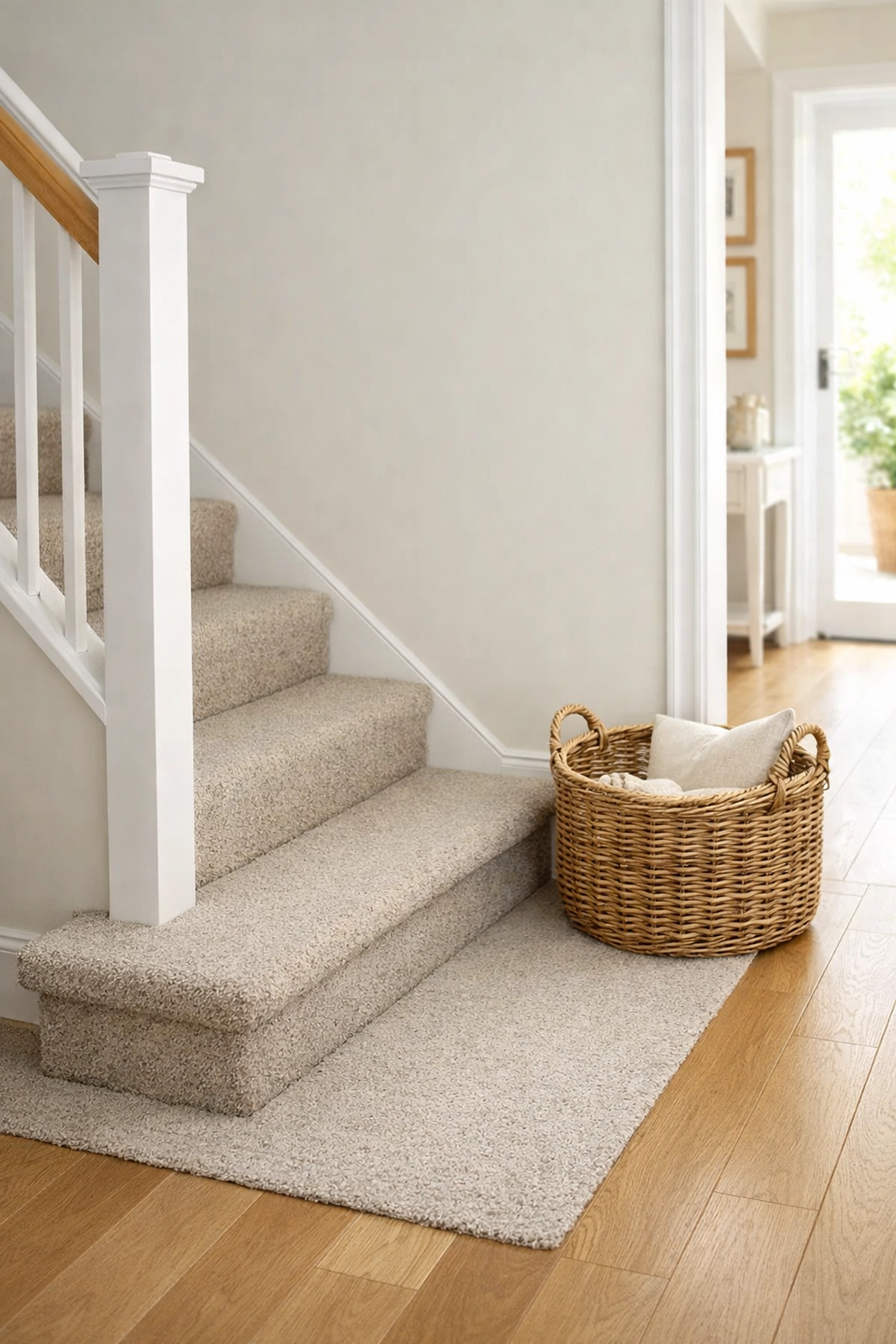 A clear, clutter-free staircase and landing with a storage basket kept safely away from the walking path.