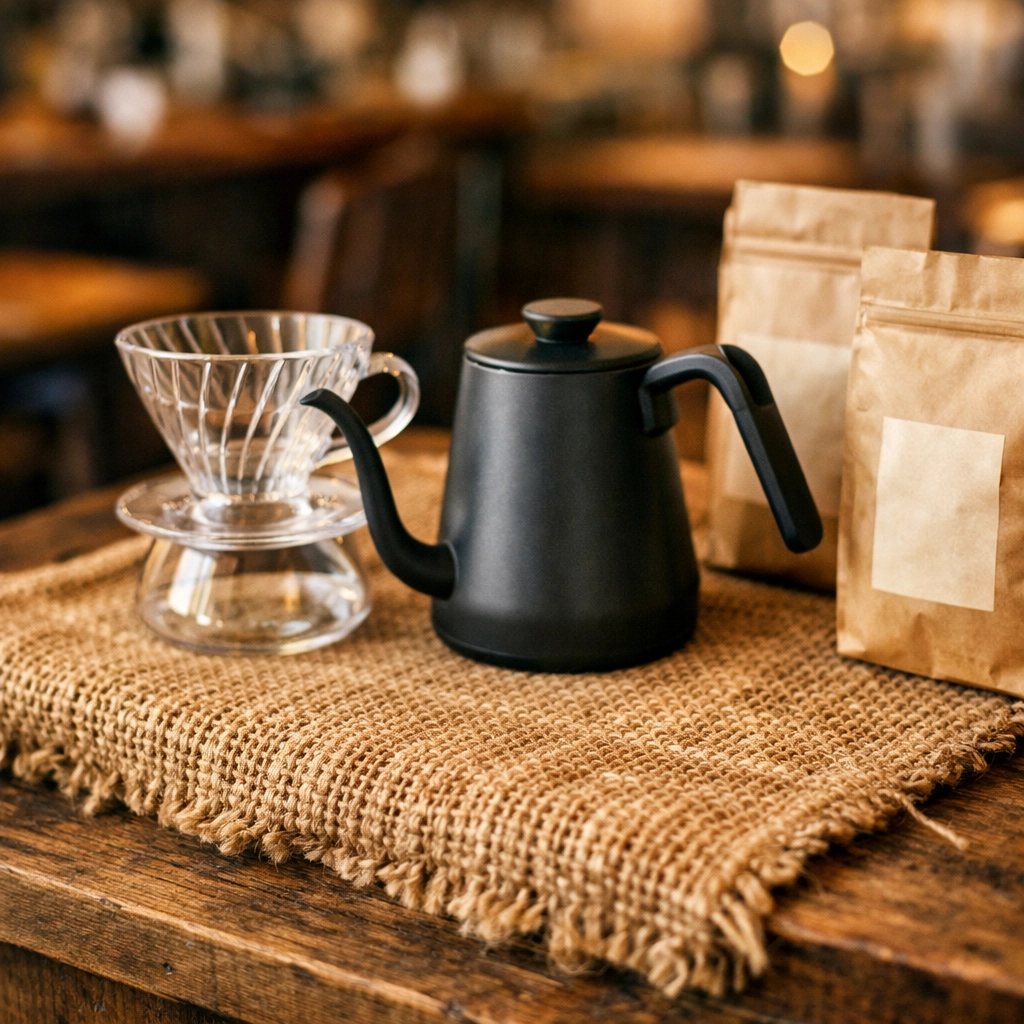 Rustic coffee sack table runner displaying a V60 dripper and kettle on a wooden table.