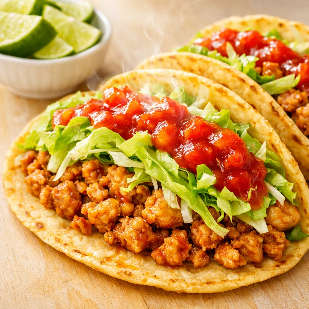 Three street-style chicken tacos with fresh lettuce and salsa, an easy weeknight dinner idea.