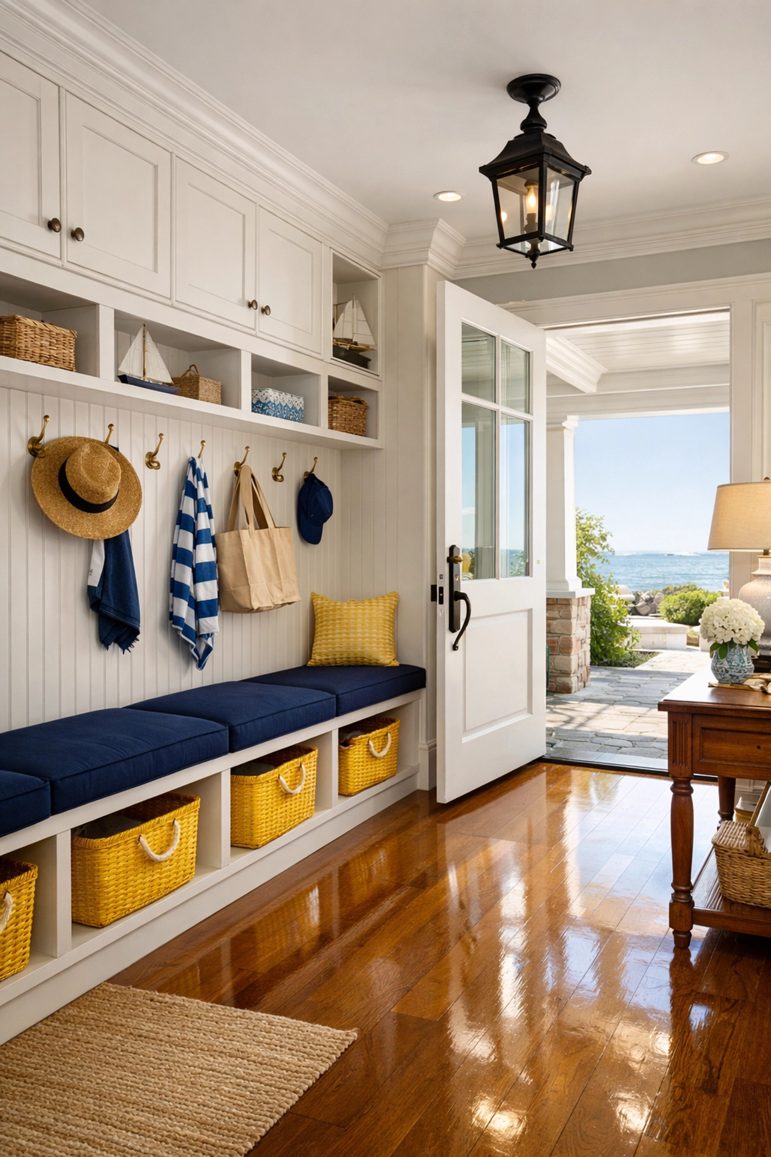 Organized and polished coastal entryway showing the high standard of Marblehead residential cleaning.