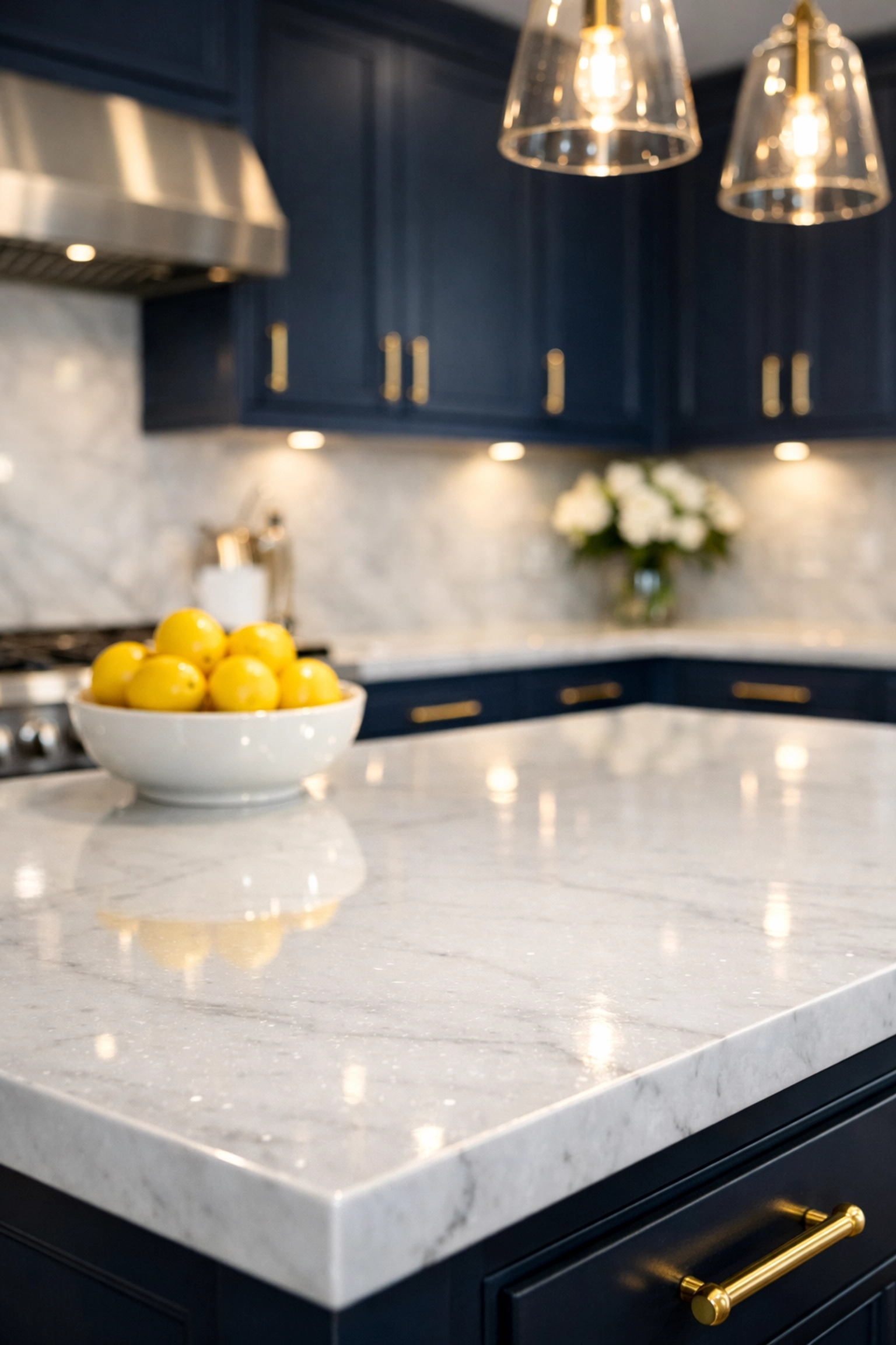 Deep cleaned kitchen with sparkling white marble countertops provided by house cleaning Shirley MA professionals.